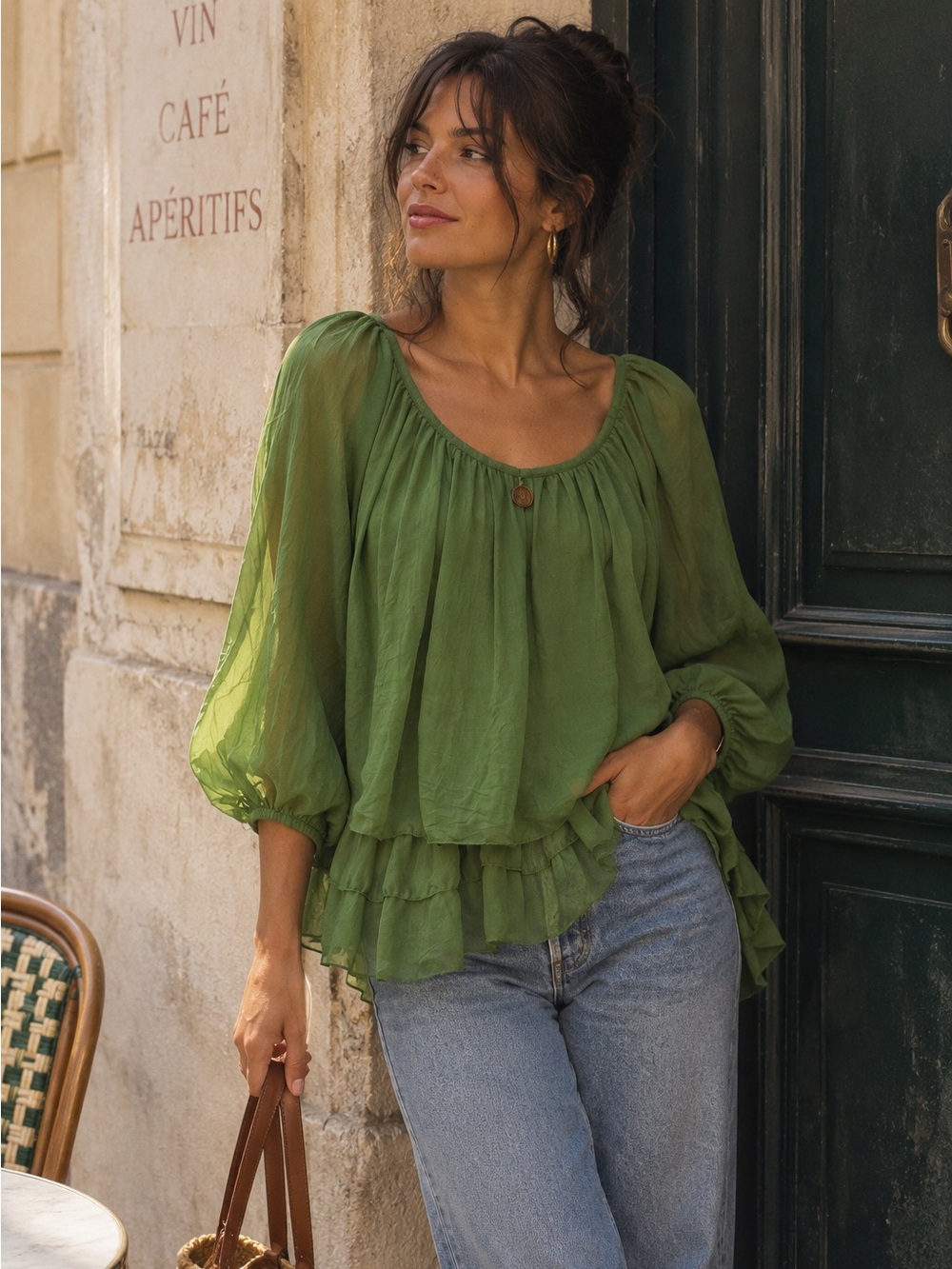 Tempo Paris Vintage Y2K 100% Silk Green Soft Tiered Boho Blouse Made in Italy S